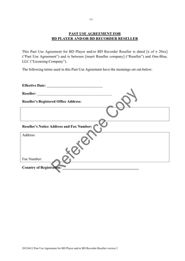 Reseller BD Player And/Or Recorder Past-Use Agreement