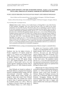 POPULATION DENSITY and SIZE of BLOOD COCKLE, Anadara Cornea in SETIU WETLANDS, TERENGGANU DURING NORTHEAST MONSOON SEASON