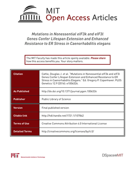 Mutations in Nonessential Eif3k and Eif3l Genes Confer Lifespan Extension and Enhanced Resistance to ER Stress in Caenorhabditis Elegans