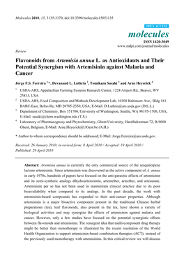 Flavonoids from Artemisia Annua L. As Antioxidants and Their Potential Synergism with Artemisinin Against Malaria and Cancer