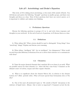 Lab #7: Astrobiology and Drake's Equation