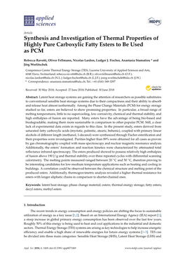 Synthesis and Investigation of Thermal Properties of Highly Pure Carboxylic Fatty Esters to Be Used As PCM