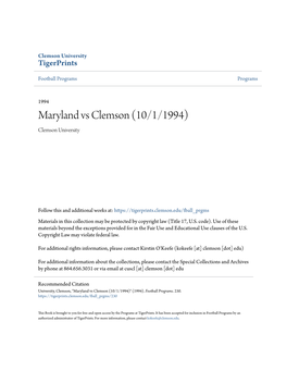 Maryland Vs Clemson (10/1/1994) Clemson University