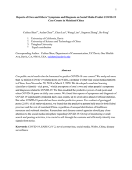 1 Reports of Own and Others' Symptoms and Diagnosis on Social Media Predict COVID-19 Case Counts in Mainland China Cuihua Shen