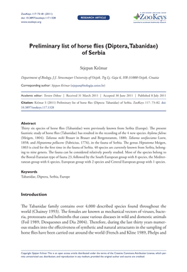 Preliminary List of Horse Flies (Diptera: Tabanidae) of Serbia