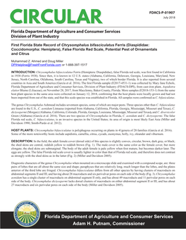 Chrysomphalus Bifasciculatus Ferris (Diaspididae: Coccidomorpha: Hemiptera), False Florida Red Scale, Potential Pest of Ornamentals and Citrus