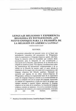 Lenguaje Religioso Y Experiencia Religiosa En Wittgenstein: ¿Un Nuevo Enfoque Para La Filosofía De La Religión En América Latina? Vicente Duran Casas*