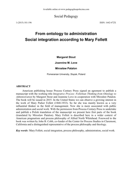 From Ontology to Administration Social Integration According to Mary Follett