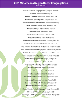 2021 Midamerica Region Honor Congregations As of 6/17/2021