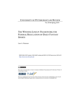 The Winning Lineup: Framework for Federal Regulation of Daily Fantasy Sports University of Pittsburgh Law Review