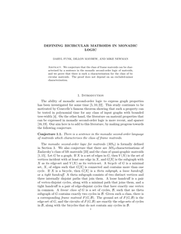 DEFINING BICIRCULAR MATROIDS in MONADIC LOGIC 1. Introduction