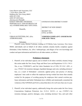 Mitchel-Tockman V. Urban Outfitters, Et Al. Complaint