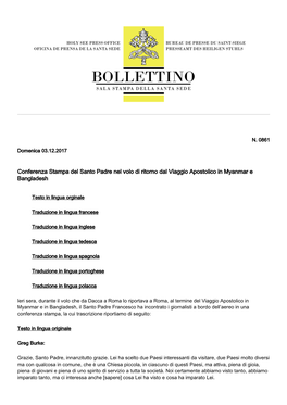 Conferenza Stampa Del Santo Padre Nel Volo Di Ritorno Dal Viaggio Apostolico in Myanmar E Bangladesh