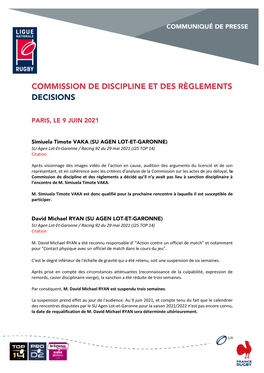 Commission De Discipline Et Des Règlements Decisions