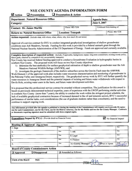 NYE COUNTY AGENDA INFORMATION FORM a Action a Presentation Presentation & Action II Department: Natural Resources Office Category: June 5,2007 Contact: Dr