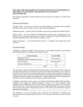 Syllabus for the Degree of Master of Science in Engineering in Industrial Engineering and Logistics Management Msc(Eng)(Ielm)]