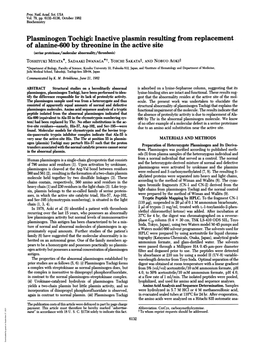 Plasminogen Tochigi: Inactive Plasmin Resulting from Replacement