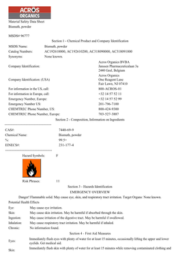 Material Safety Data Sheet Bismuth, Powder MSDS# 96777 Section 1