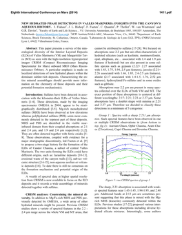 New Hydrated Phase Detections in Valles Marineris: Insights Into the Canyon’S Aqueous History