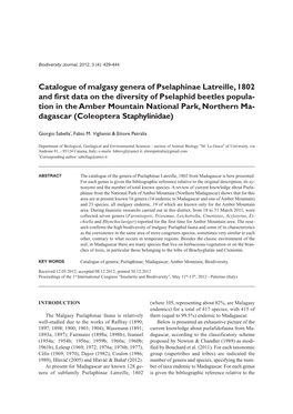 Catalogue of Malgasy Genera of Pselaphinae