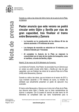 Pastor Anuncia Que Este Verano Se Podrá Circular Entre Gijón Y Sevilla Por Vías De Gran Capacidad, Tras Finalizar El Tramo Entre Benavente Y Zamora