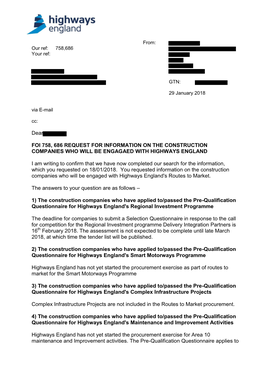 Foi 758, 686 Request for Information on the Construction Companies Who Will Be Engagaed with Highways England