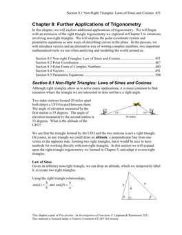 Chapter 8: Further Applications of Trigonometry in This Chapter, We Will Explore Additional Applications of Trigonometry