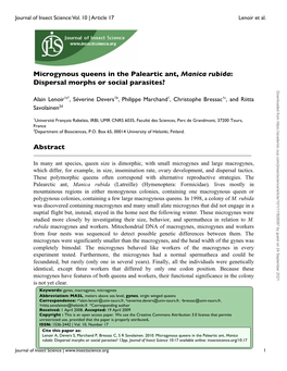 Microgynous Queens in the Paleartic Ant, Manica Rubida: Dispersal Morphs Or Social Parasites?