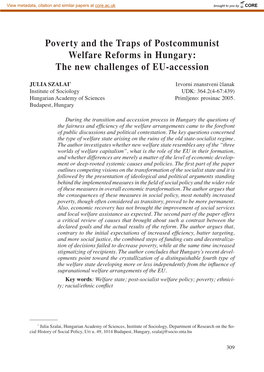 Poverty and the Traps of Postcommunist Welfare Reforms in Hungary: the New Challenges of EU-Accession