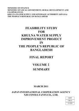 Feasibility Study for Khulna Water Supply Improvement Project in the People's Republic of Bangladesh Final Report Volumeⅰ Su