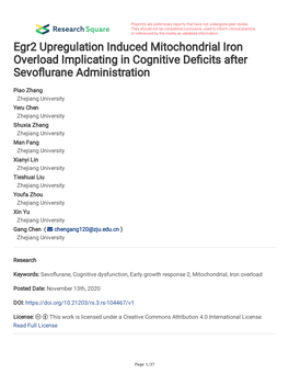 Egr2 Upregulation Induced Mitochondrial Iron Overload Implicating in Cognitive Defcits After Sevofurane Administration