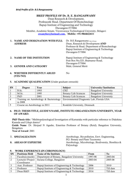 BRIEF PROFILE of Dr. BE RANGASWAMY