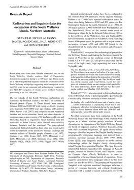 Radiocarbon and Linguistic Dates for Occupation of the South Wellesley Islands, Northern Australia