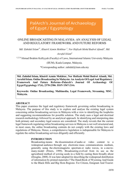 Online Broadcasting in Malaysia: an Analysis of Legal and Regulatory Framework and Future Reforms Pjaee, 17 (4) (2020)