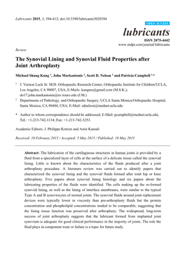 The Synovial Lining and Synovial Fluid Properties After Joint Arthroplasty