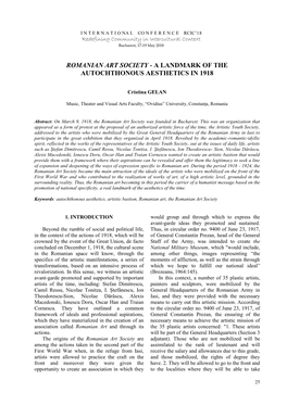 Romanian Art Society - a Landmark of the Autochthonous Aesthetics in 1918