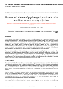 The Uses and Misuses of Psychological Practices in Order to Achieve National Security Objectives Written by Pamela-Suzanne Dawson