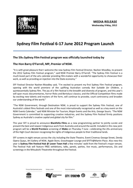 Sydney Film Festival 6-17 June 2012 Program Launch 09/05/2012
