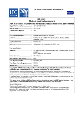 IEC 60601-1 Medical Electrical Equipment Part 1: General Requirements for Basic Safety and Essential Performance Report Reference No