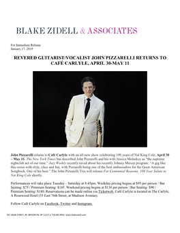 Revered Guitarist/Vocalist John Pizzarelli Returns to Café Carlyle, April 30-May 11