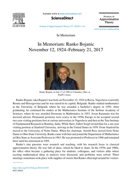 Ranko Bojanic November 12, 1924–February 21, 2017