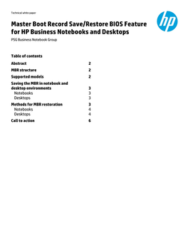 Master Boot Record Save/Restore BIOS Feature for HP Business Notebooks and Desktops PSG Business Notebook Group