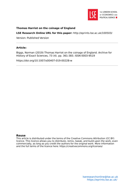 Thomas Harriot on the Coinage of England LSE Research Online URL for This Paper: Version: Published Version