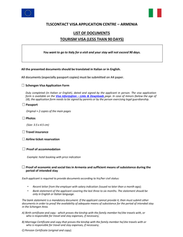 Armenia List of Documents Tourism Visa (Less Than 90 Days)