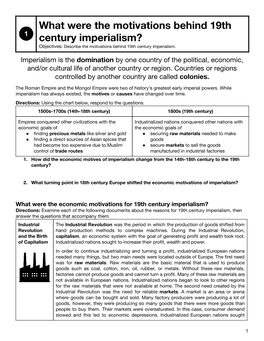 What Were the Motivations Behind 19Th Century Imperialism? Objectives: Describe the Motivations Behind 19Th Century Imperialism