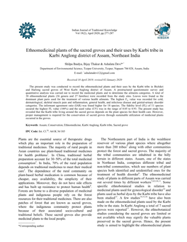 Ethnomedicinal Plants of the Sacred Groves and Their Uses by Karbi Tribe in Karbi Anglong District of Assam, Northeast India