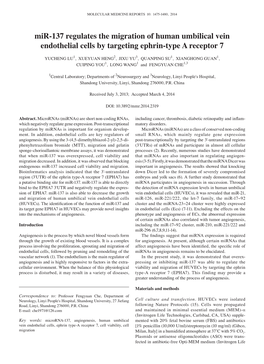 Mir-137 Regulates the Migration of Human Umbilical Vein Endothelial Cells by Targeting Ephrin-Type a Receptor 7