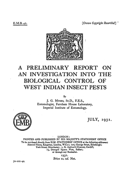 A Preliminary Report on an Investigation Into the Biological Control of West Indian Insect Pests