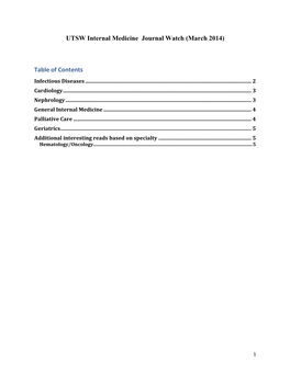 UTSW Internal Medicine Journal Watch (March 2014) Table Of