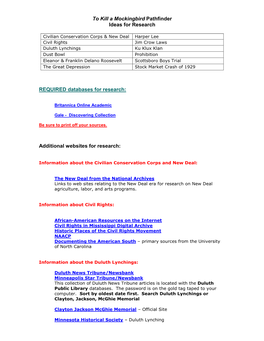 To Kill a Mockingbird Pathfinder Ideas for Research REQUIRED Databases for Research